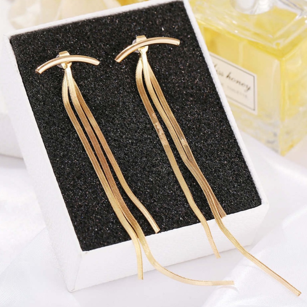 TASSEL 18K GOLD BAR LONG ARK EARRINGS, NICE EARRINGS, CUTE EARRINGS - Picture 5 of 7